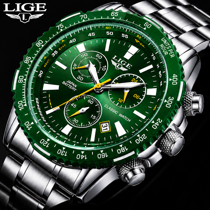Luxury Watch With Green Dial - LIGE New Green Big Dial Watch