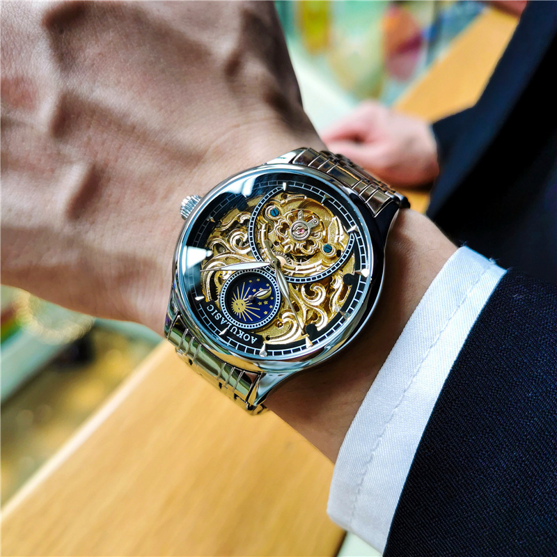 Moonphase Complication Watch - Stainless Steel New Full Skeleton Moonphase