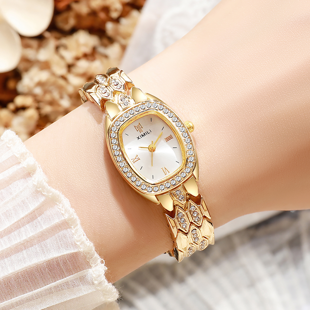 Luxury Watch With Green Dial - Elegant Rhinestone Oval Watch for Women