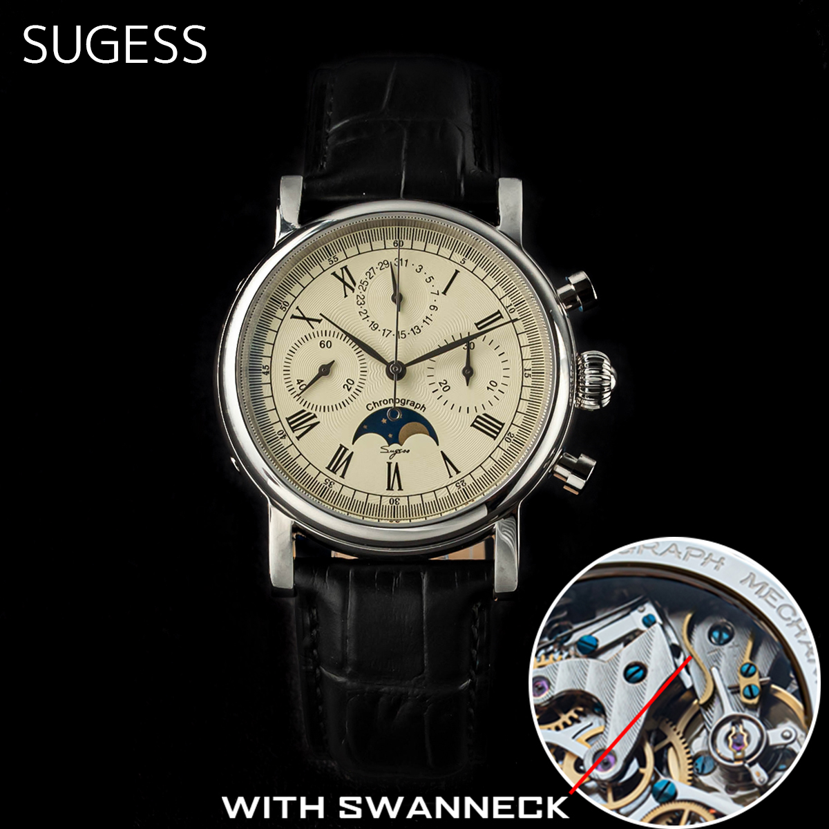 Moonphase Complication Watch - Sugess Men Watch ST1908 Swanneck Movement