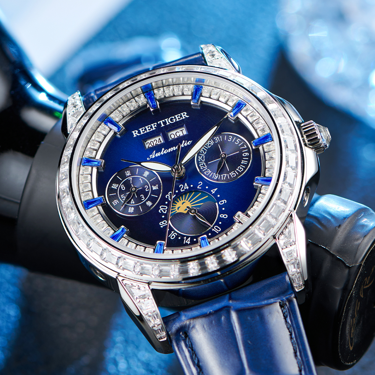 Moonphase Complication Watch - Reef Tiger/RT Brand Mens MoonPhase Automatic