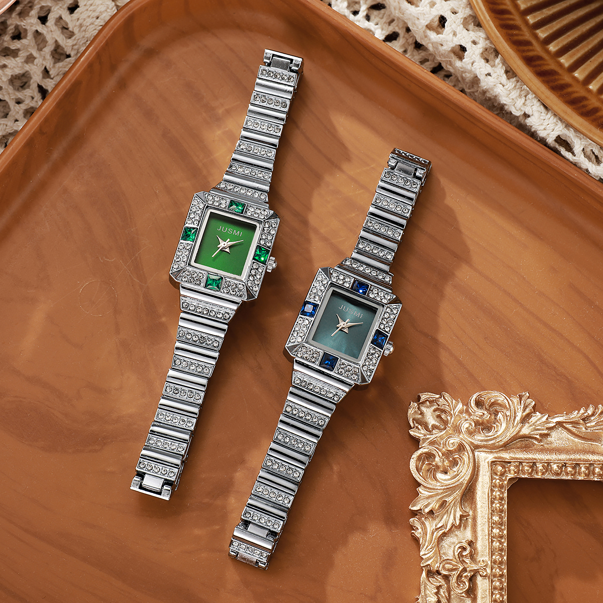 Luxury Watch With Green Dial - Luxury Gemstone Square Women's Watch, Emerald