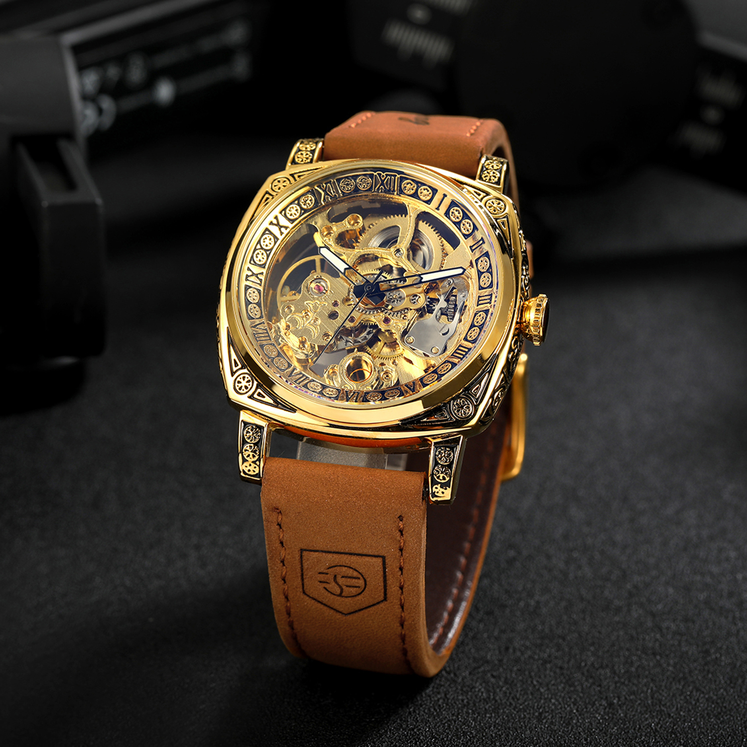 Luxury Watch Engraving - Forsining Gold Skeleton Mechanical Watch for