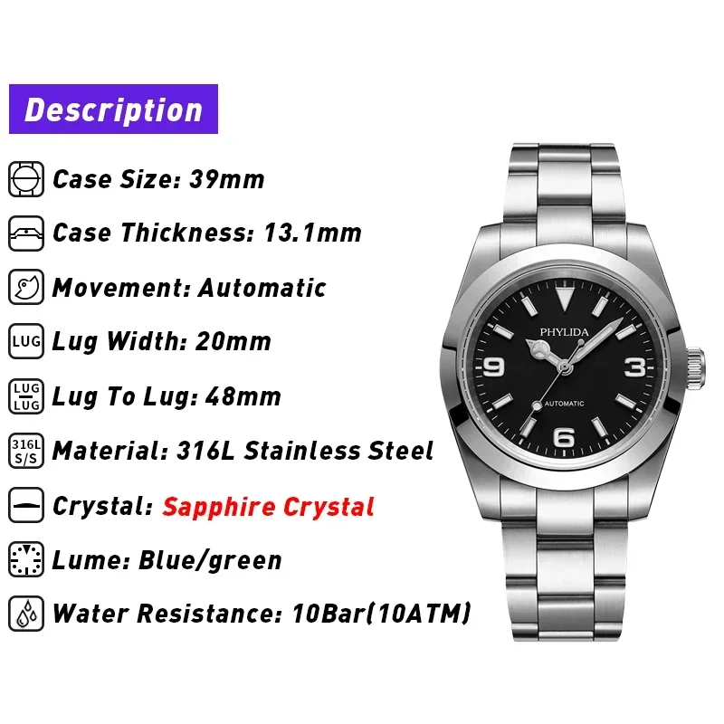 PHYLIDA 39mm Miyota  Automatic - Luxury Watch Black incelemesi ve fiyatı