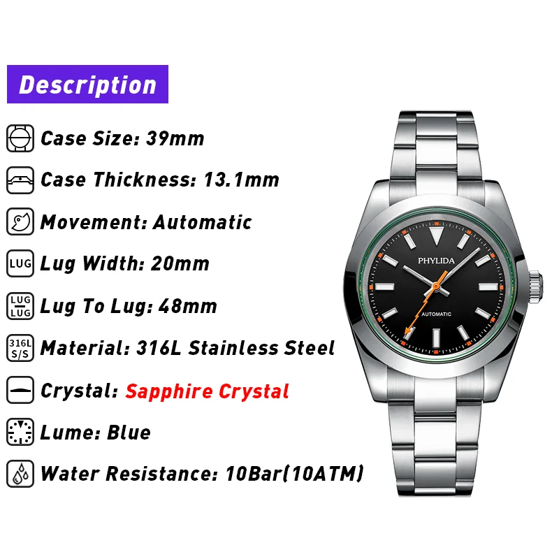 PHYLIDA 39mm MIYOTA Automatic  - Luxury Watch Black incelemesi ve fiyatı